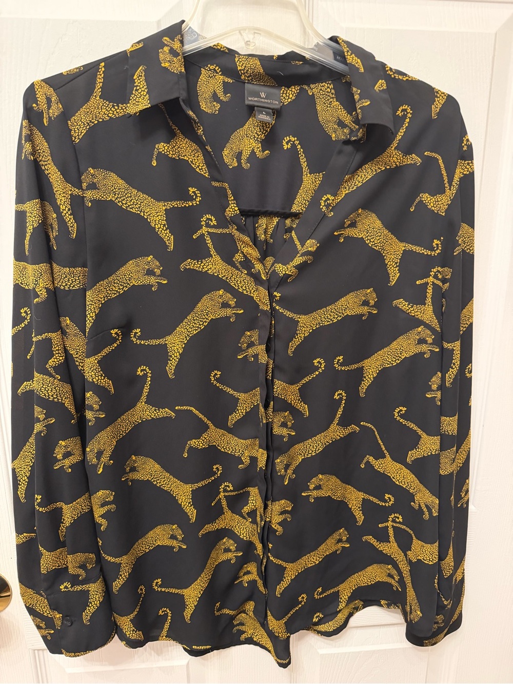Worthington Black Blouse with Gold Leopard Print Size L